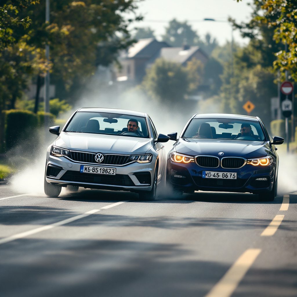 Verkehrsunfall zwischen einem silbernen Volkswagen und einem blauen BMW auf einer deutschen Straße.