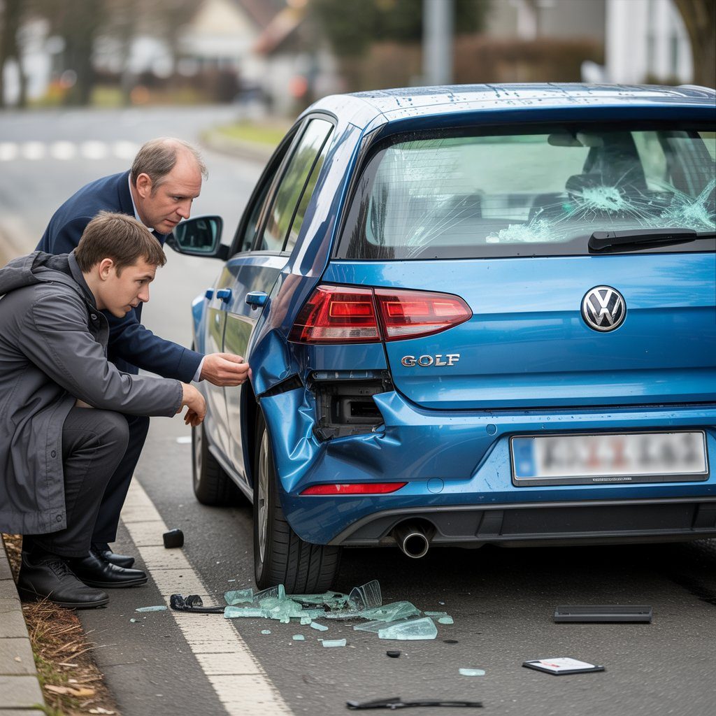 Auffahrunfall mit beschädigtem Fahrschulwagen, Fahrer, Lehrer, Schadensermittlung, Glassplitter