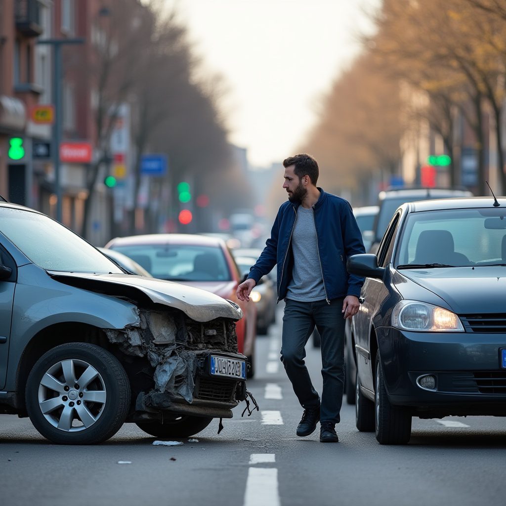 Verkehrsunfall auf Stadtstraße mit Jugendlichen und Autos im Stau, Unfallort und Beteiligte