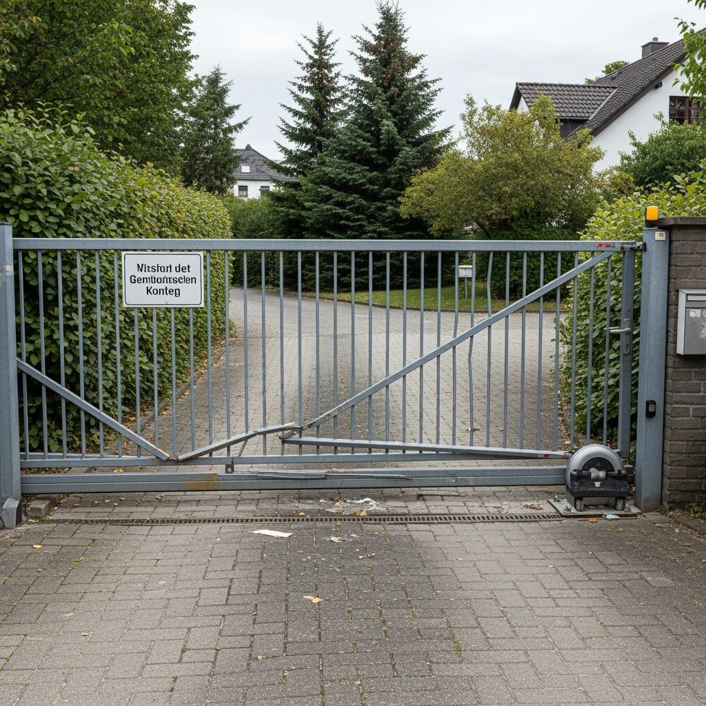Das geschlossene Einfahrtstor symbolisiert die rechtliche Barriere, an der die Schadensersatzklage eines GbR-Gesellschafters für ein beschädigtes Schiebetor scheiterte, da ihm die Aktivlegitimation für das Gesellschaftseigentum fehlte.