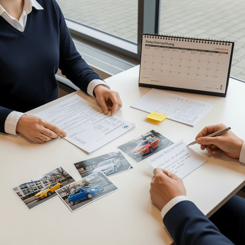 Ein Anwalt und sein Mandant prüfen Unfallfotos. Die Kostenlast bei Anerkenntnis im Zivilprozess ist Thema.