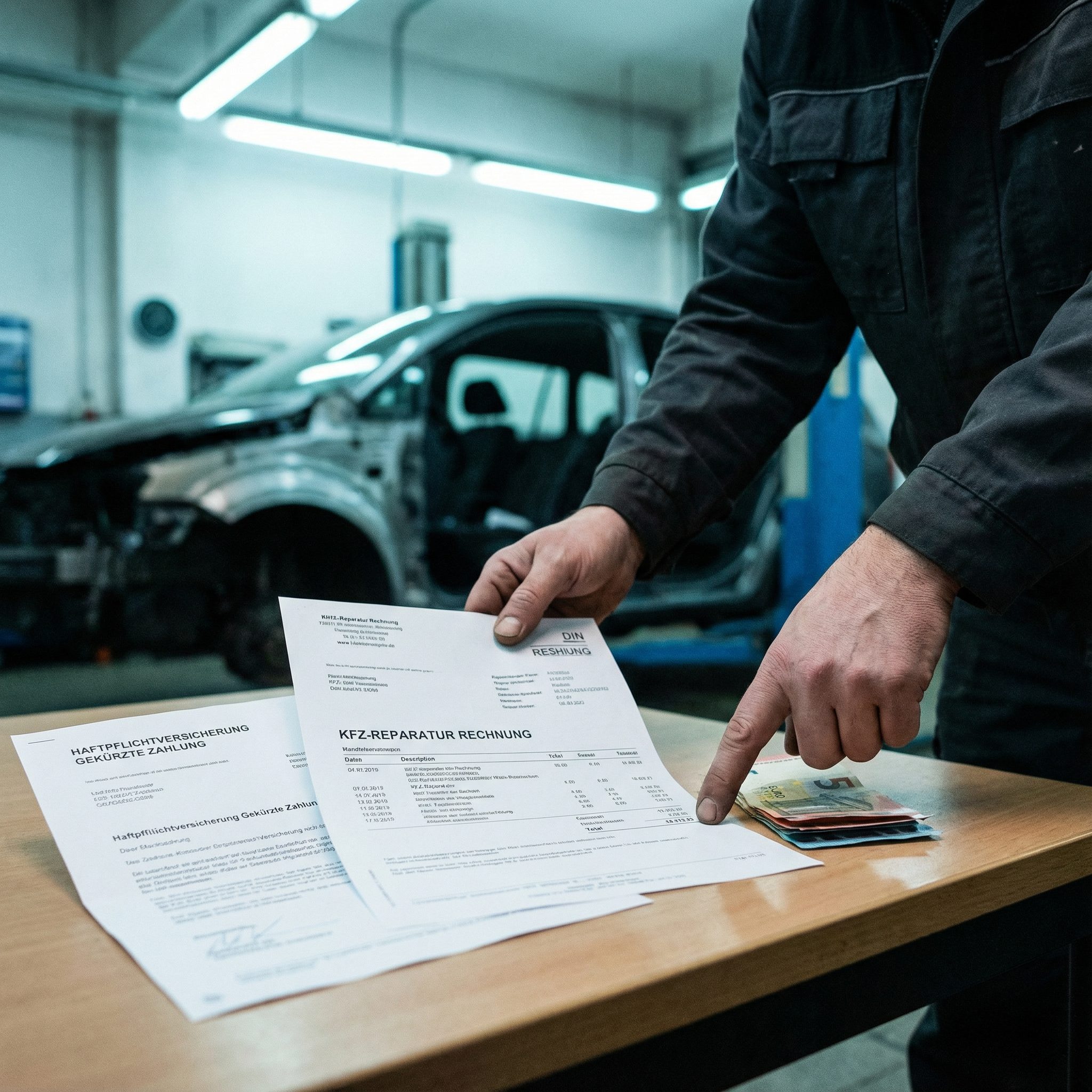 Ein Mechaniker zeigt auf einer Werkstattrechnung, dass der danebenliegende Stapel Euro-Banknoten unvollständig ist.