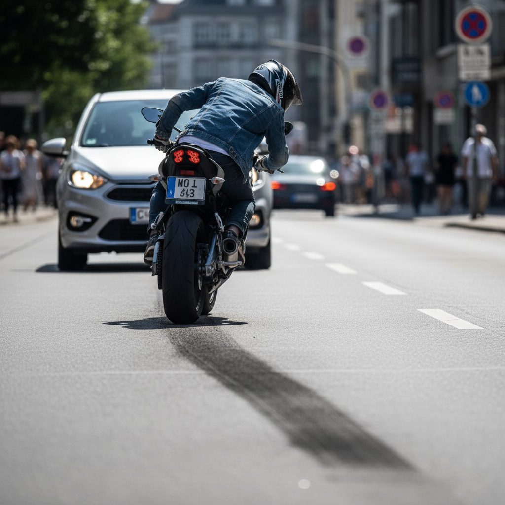 Ein Motorradfahrer liegt bei massiver Gefahrenbremsung über dem Lenker, während das schlitternde Hinterrad einen dunklen Bremsstreifen zieht.