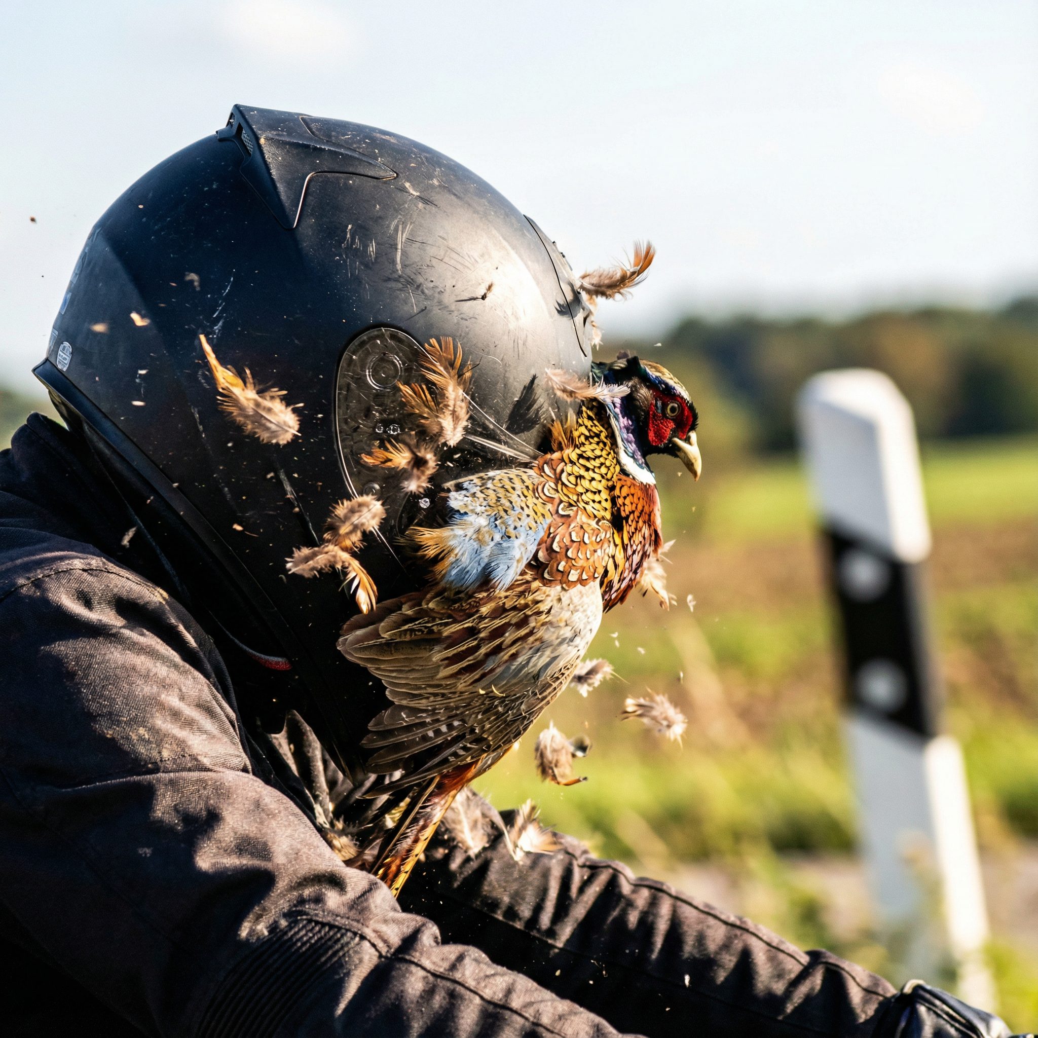 Gewaltsame Frontalkollision eines Fasans mit dem Helm des Beifahrers auf einem schnell fahrenden Motorrad.