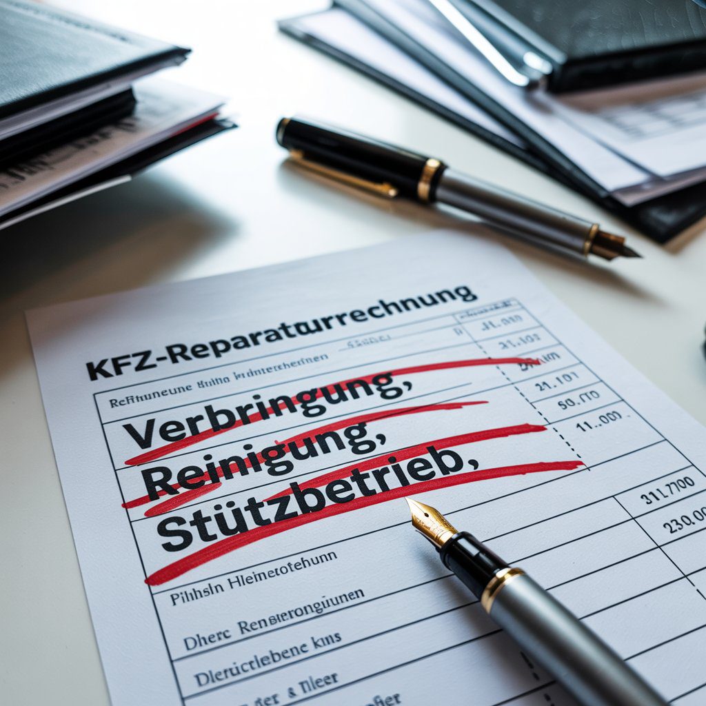 Nahaufnahme einer Kfz-Reparaturrechnung, auf der drei spezifische Nebenkosten analytisch mit einem roten Füllerstrich durchgestrichen werden.