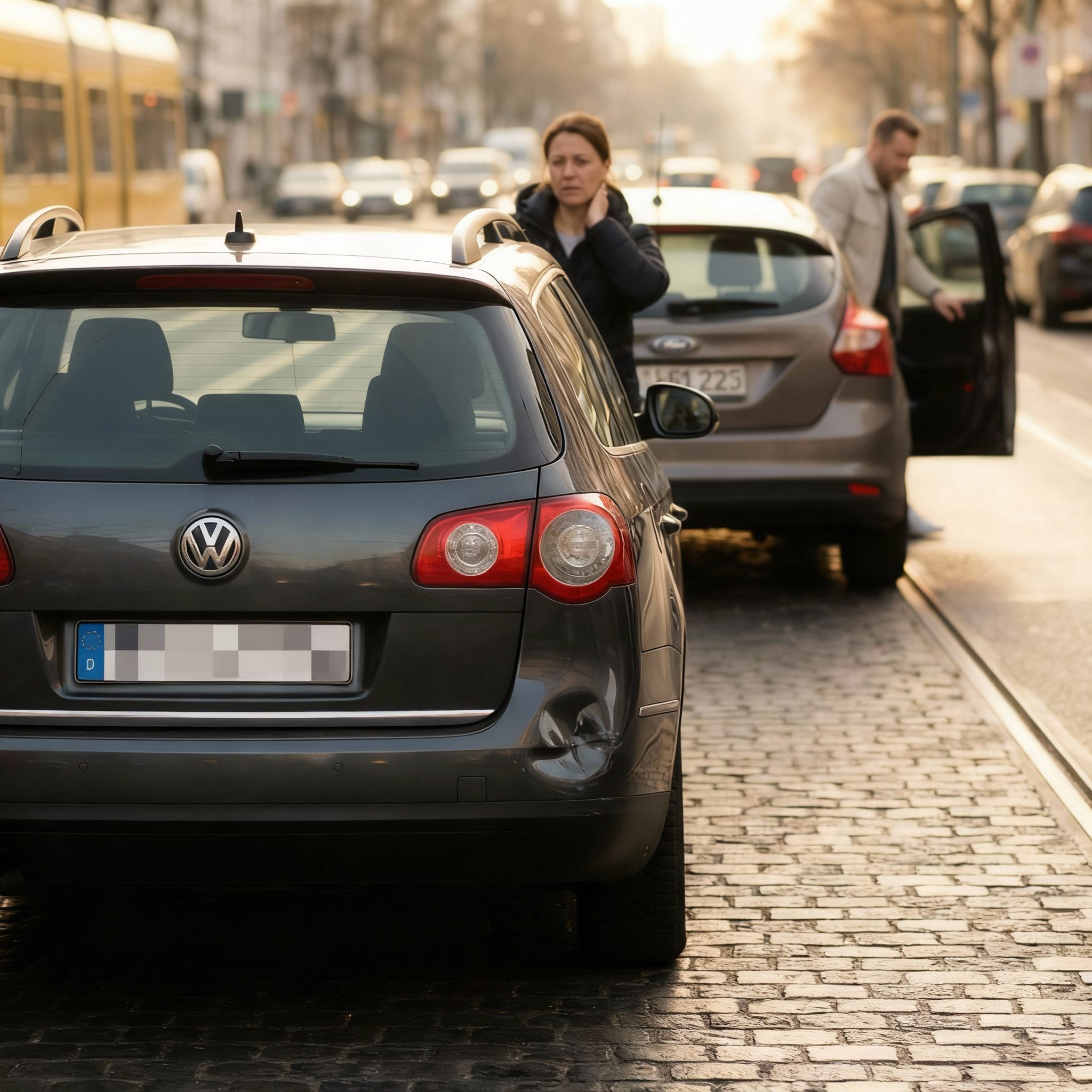 Nahaufnahme eines geringfügigen Auffahrunfalls auf belebter Straße: eine kleine Delle im Heckstoßfänger und die erschrockene Fahrerin.