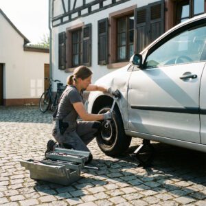 Eine Frau setzt in einer hellen Einfahrt aktiv einen Schraubenschlüssel an der Karosseriedelle ihres aufgebockten Autos an.