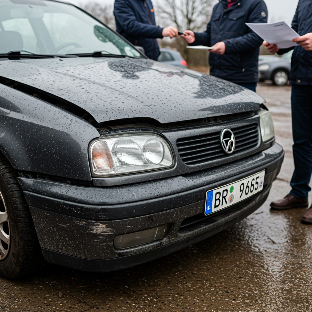 Der besorgte Autofahrer übergibt Schlüssel und Dokument für den stark beschädigten Unfallwagen auf dem Händlerhof.
