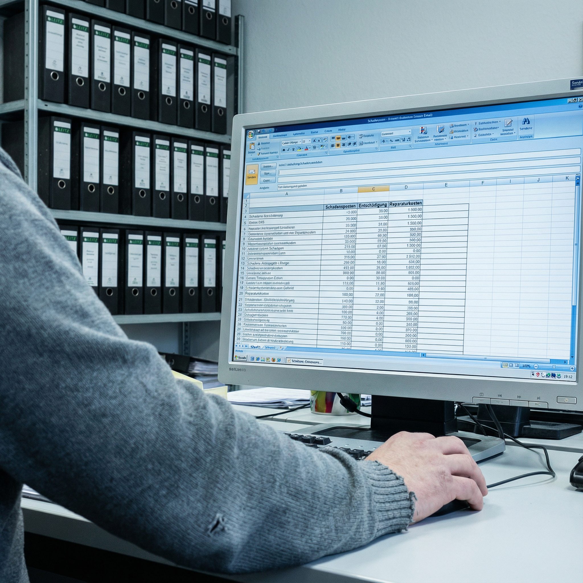 Die Hand einer Sachbearbeiterin klickt auf „Senden“ über einer penibel untergliederten Liste der regulierten Schadenspositionen.