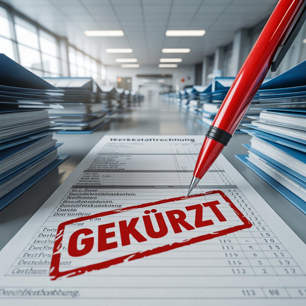 Routiniertes rotes Durchstreichen spezifischer Posten auf einer detaillierten Werkstattrechnung neben einem „GEKÜRZT“-Stempel.