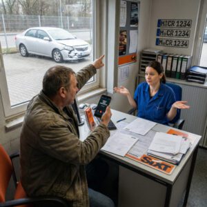 Ein telefonierender Mann zeigt am Schalter auf ein Unfallauto, während der Mitarbeiter ratlos die leeren Hände hebt.