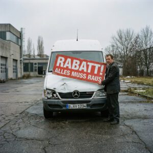 Mann im dunklen Anzug hält ein rotes Rabattschild gegen die massiv beschädigte Front eines weißen Transporters.