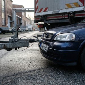 Massive LKW-Anhängerkupplung bohrt sich abrupt in die verformte Kunststoff-Stoßstange eines stehenden Autos.