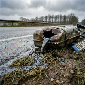 Dunkle, ölige Flüssigkeit rinnt aus einem aufgerissenen Autotank in das aufgeweichte Erdreich am Straßenrand.