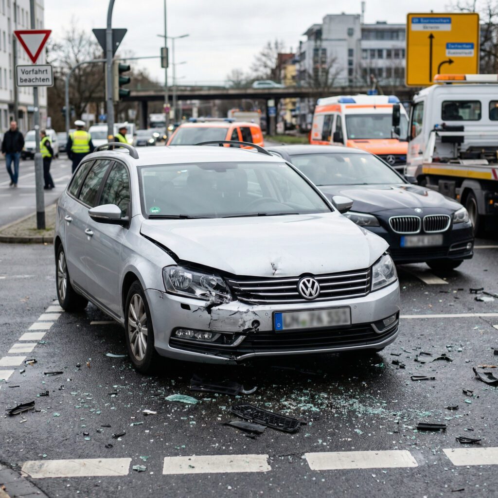 Massiv deformierte Fahrzeugfront mit zersplitterten Scheinwerfern und Blechschäden auf einer asphaltierten Straße.