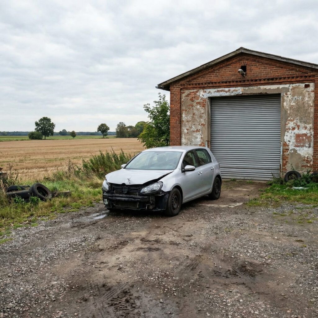 Ein silberner Pkw mit Frontschaden auf dem Schotterhof einer einsamen Werkstatt inmitten weiter Felder.