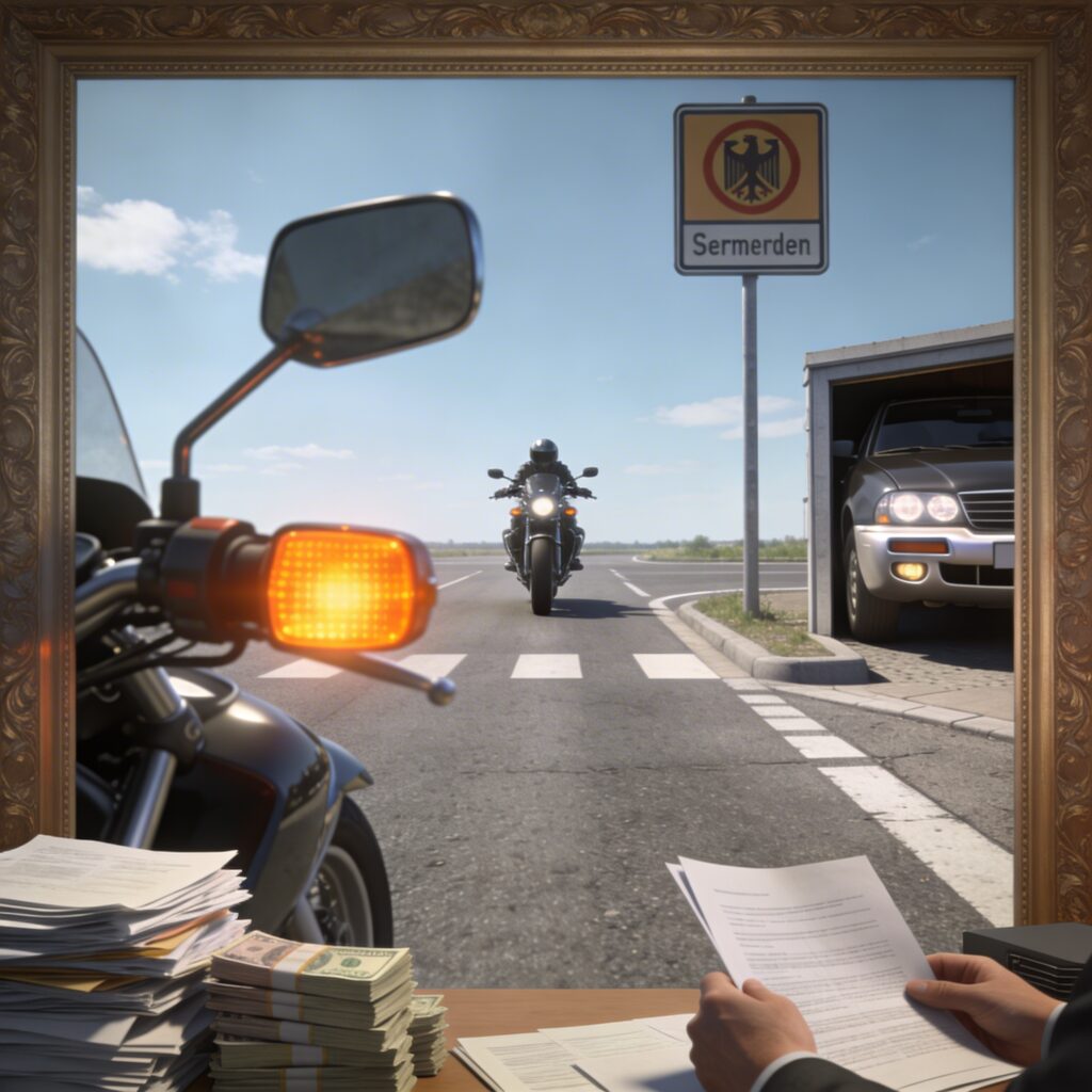 Hell orange leuchtender Blinker eines geradeaus fahrenden Motorrads vor der Front eines einbiegenden PKW.