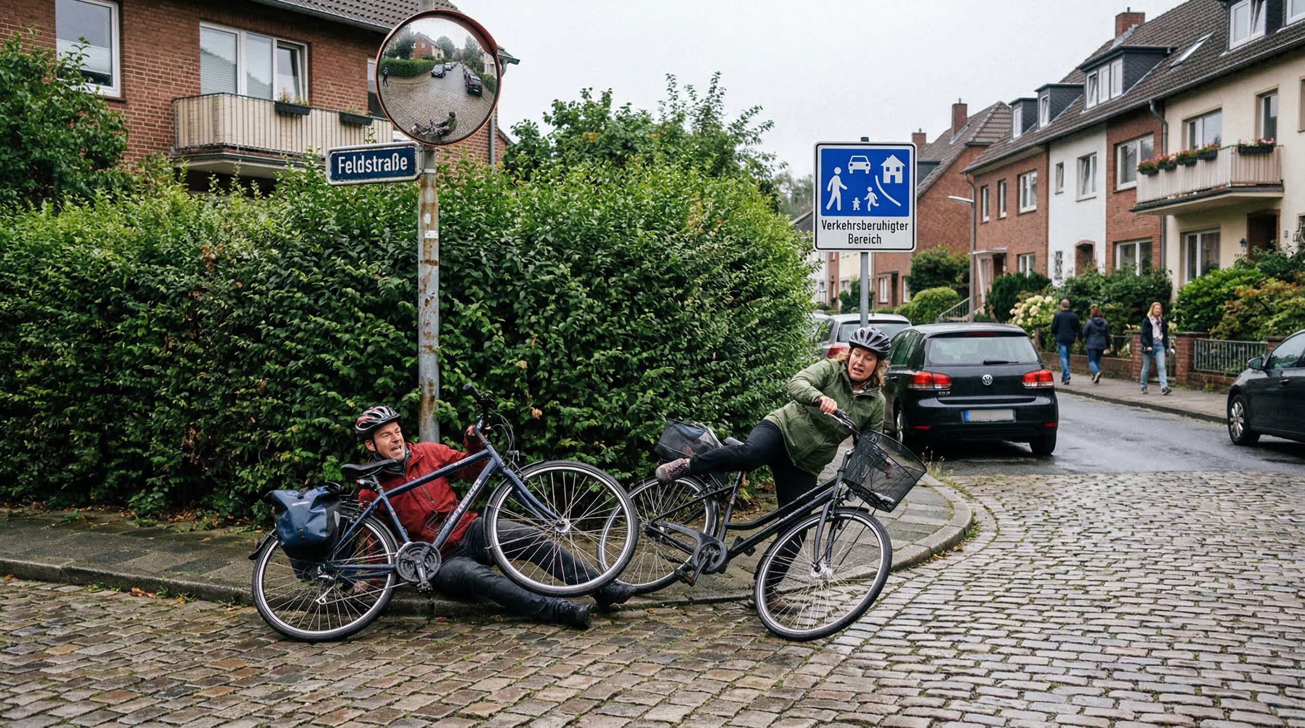 Zwei Radfahrer kollidieren an einer blickdichten Hecke unter einem unbeachteten Verkehrsspiegel in einer Wohnstraße.