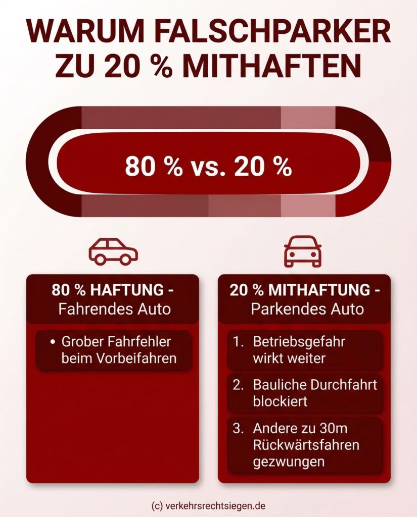 Infografik zeigt die Haftungsverteilung von 80 Prozent für das fahrende und 20 Prozent für das falsch parkende Auto nach Unfall.