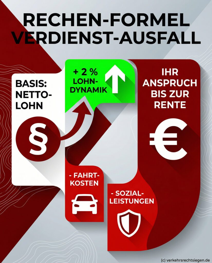 Infografik zur Berechnung des Verdienstausfalls: Basis-Lohn plus 2 Prozent Steigerung minus Fahrtkosten und Sozialleistungen.