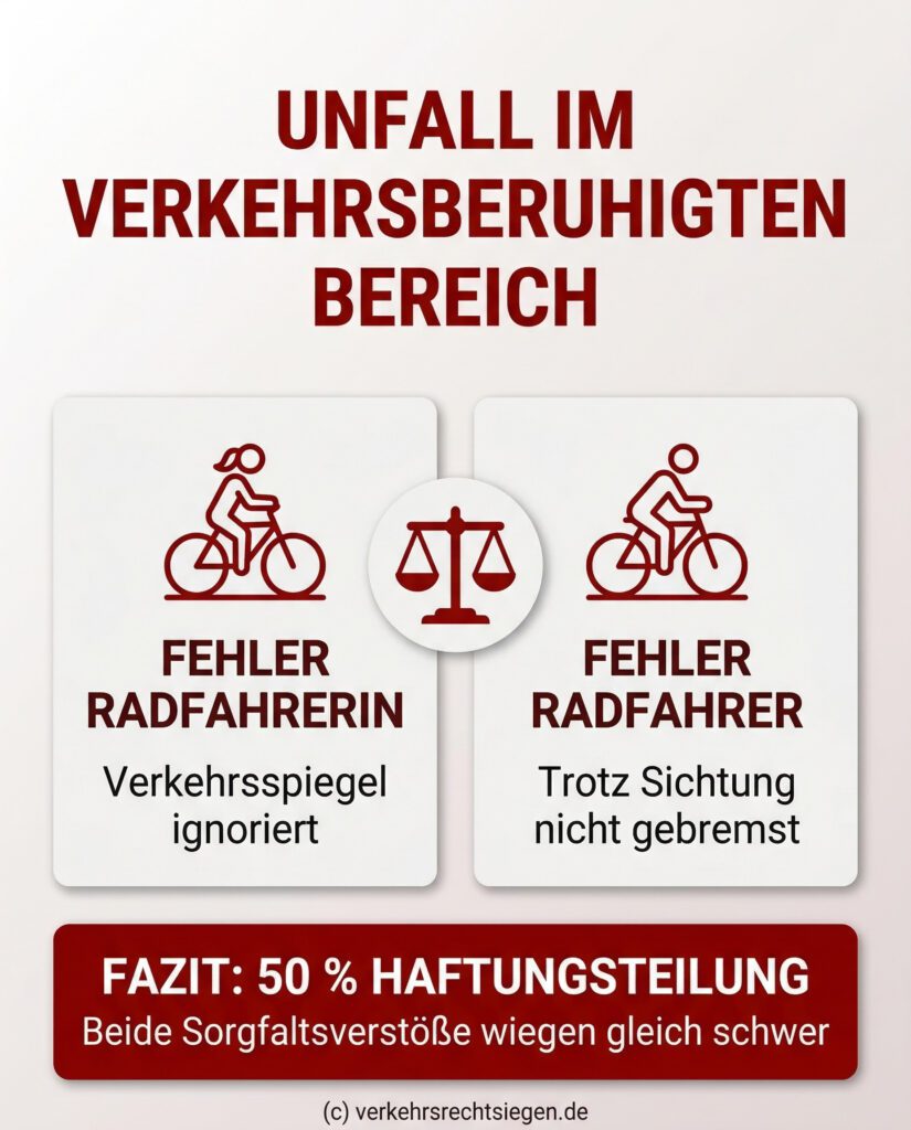 Infografik: Haftungsteilung 50:50 nach Fahrradunfall im verkehrsberuhigten Bereich wegen gleich schwerer Sorgfaltsverstöße beider Parteien.