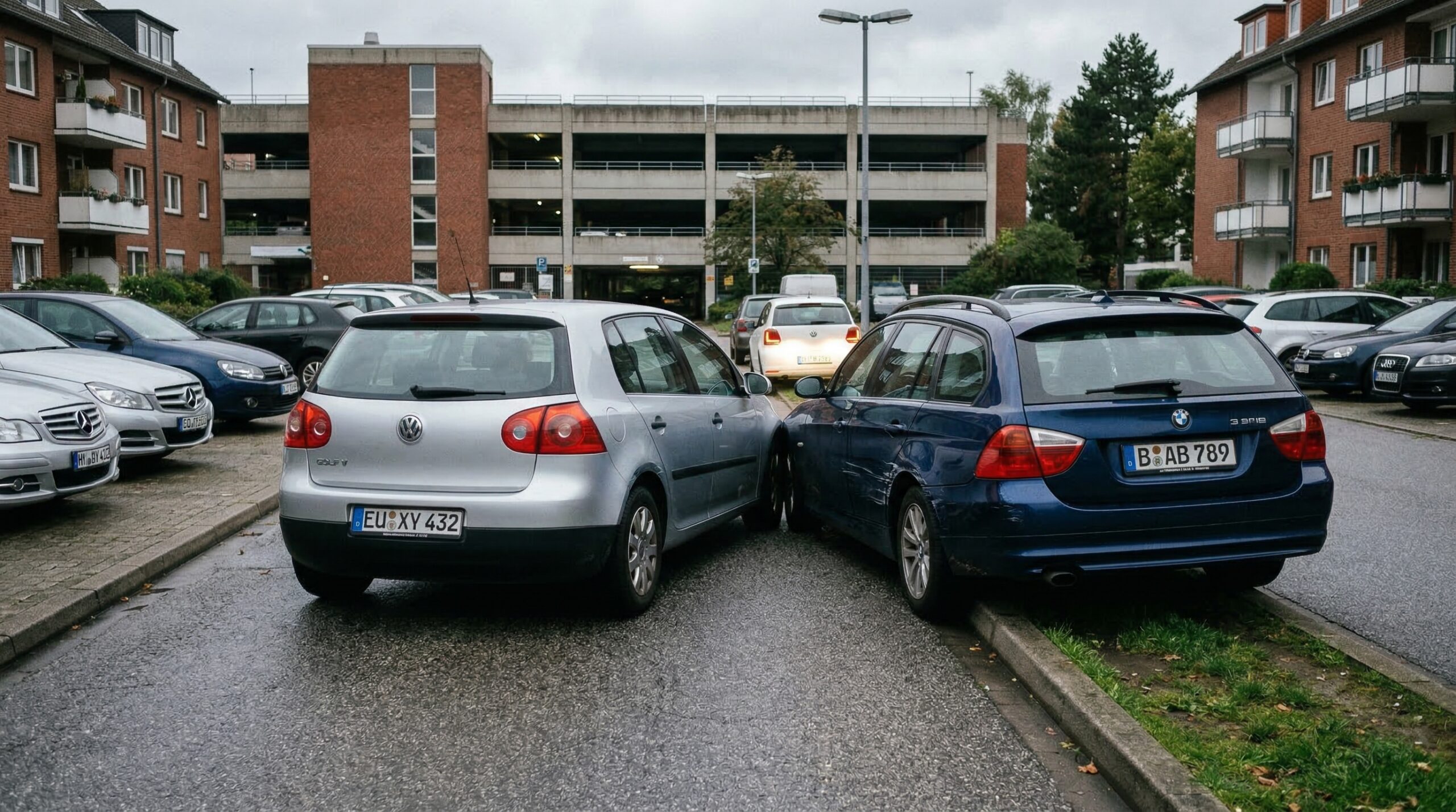 Silbernes Auto streift beim Vorbeifahren ein parkendes Fahrzeug in einer engen, durch Bordsteine begrenzten Durchfahrt.