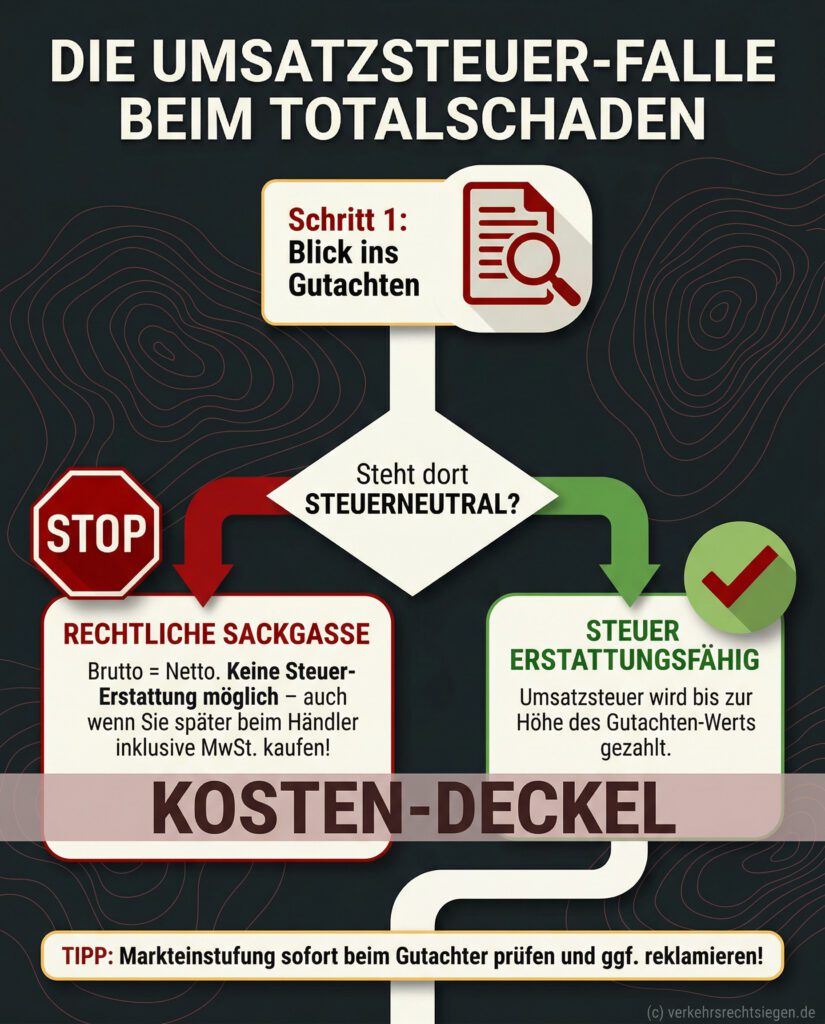 Infografik: Die Umsatzsteuer-Falle beim Totalschaden. Zeigt den Entscheidungspfad bei steuerneutralen Gutachten.