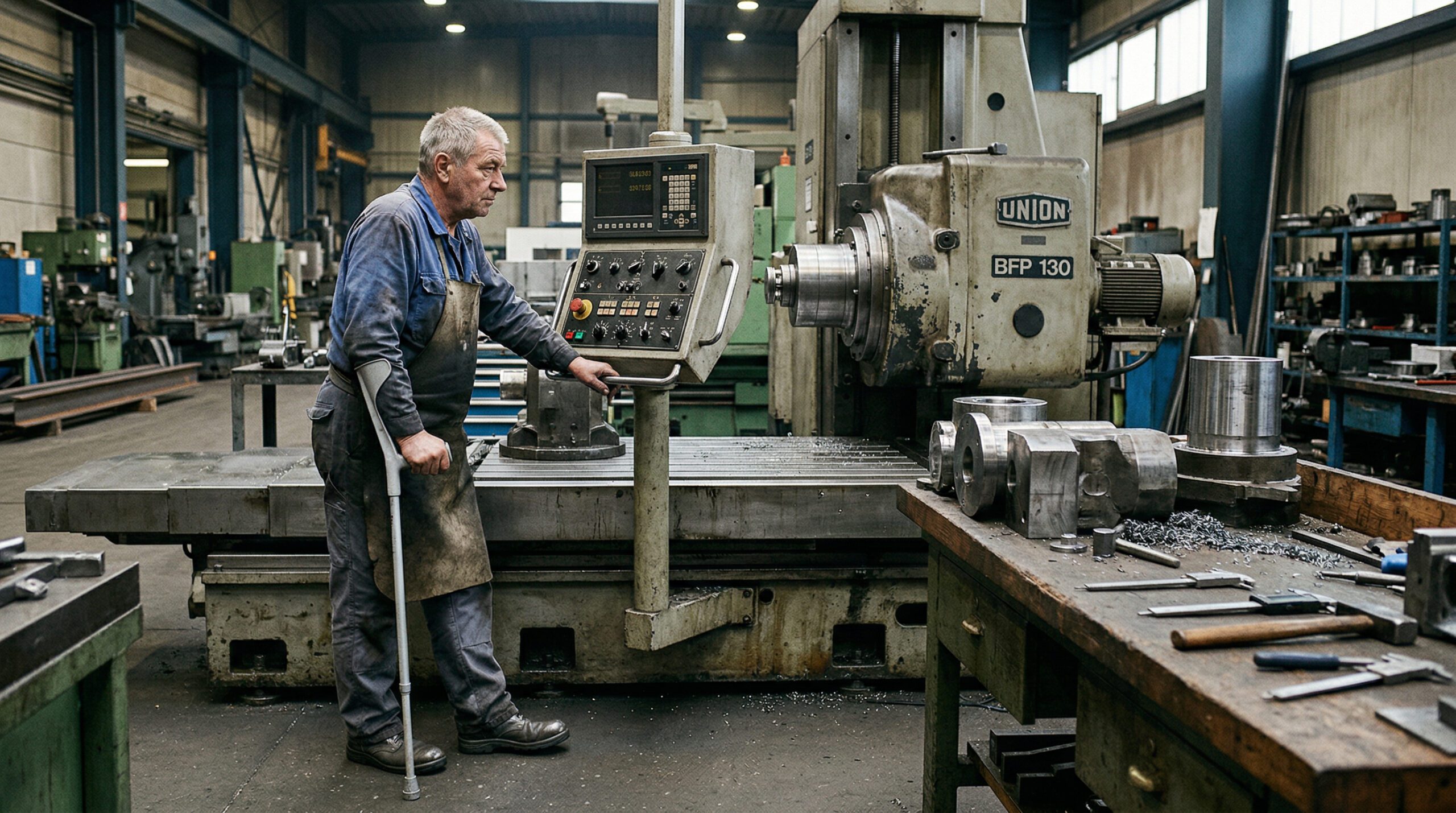 Metallhandwerker mit Gehhilfe steht in einer Industriehalle vor einem großen, stillstehenden Bohrwerk.