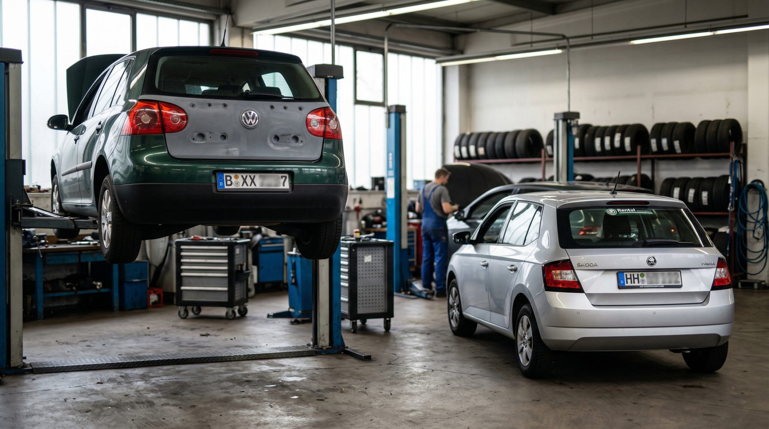Unfallwagen auf Hebebühne mit fehlendem Heckteil neben einem kleineren Mietwagen in einer modernen Kfz-Werkstatt.