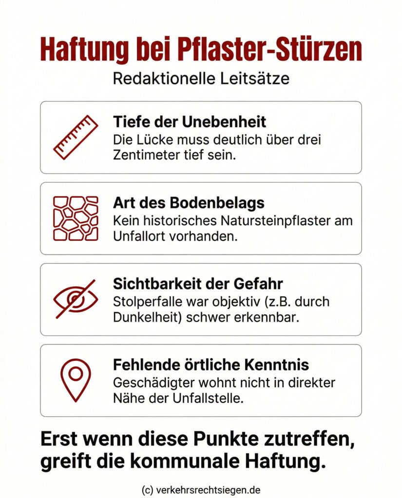Infografik: Die Voraussetzungen für eine kommunale Haftung nach einem Sturz auf Kopfsteinpflaster, basierend auf der Tiefe der Unebenheit, dem Belag und der Erkennbarkeit der Gefahr.