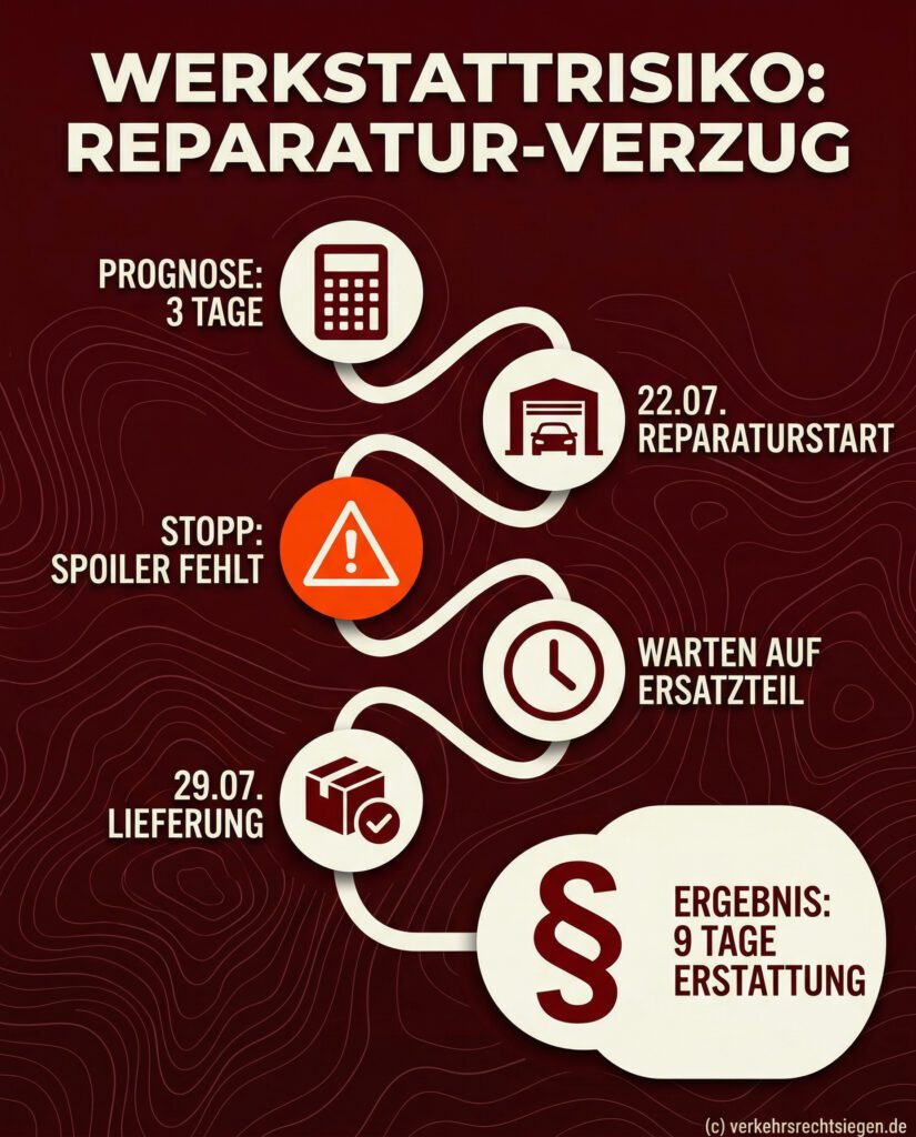 Infografik zum Werkstattrisiko: Ablauf einer Reparaturverzögerung von 3 auf 9 Tage wegen fehlender Ersatzteile.