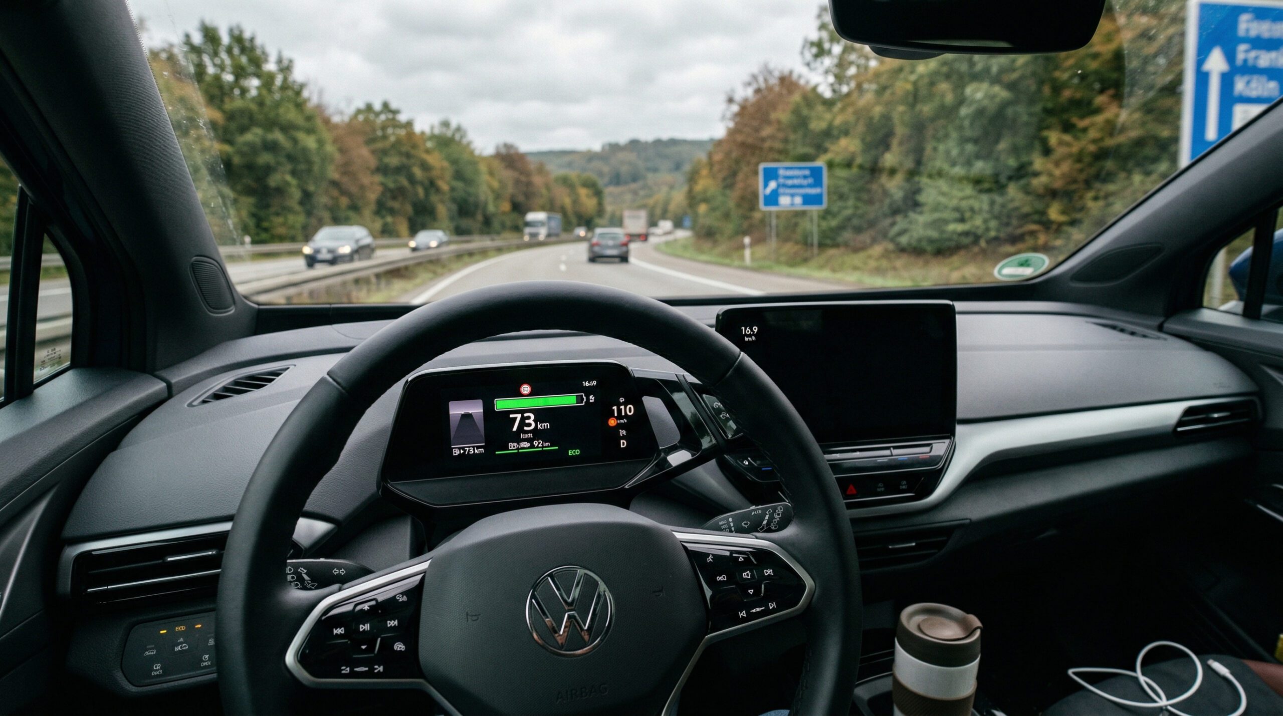 Digitales Cockpit eines Elektroautos mit hohem Batteriestand, aber auffällig geringer Restreichweite in Kilometern.