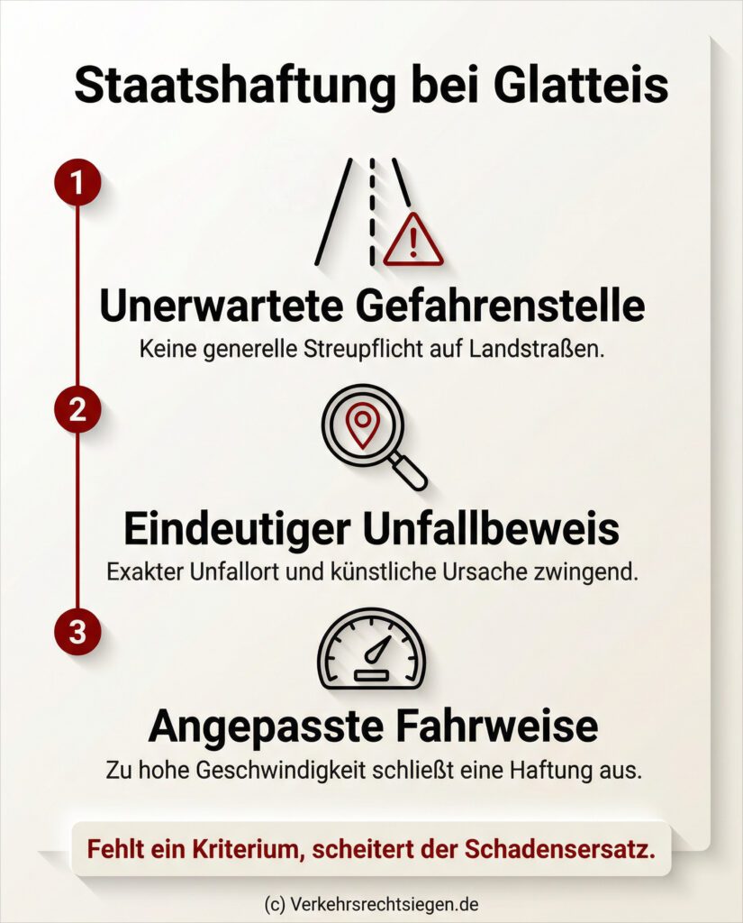 Infografik: Checkliste zur Staatshaftung bei Glatteis auf Landstraßen – Voraussetzungen sind eine unerwartete Gefahrenstelle, ein eindeutiger Unfallbeweis und angepasste Fahrweise.