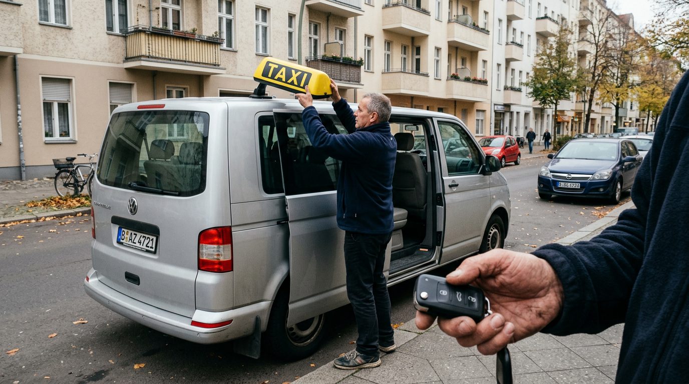 Fahrer nimmt Taxi-Schild vom Autodach ab und hält Autoschlüssel fest; Straßenszene in Deutschland im 16:9 Format.