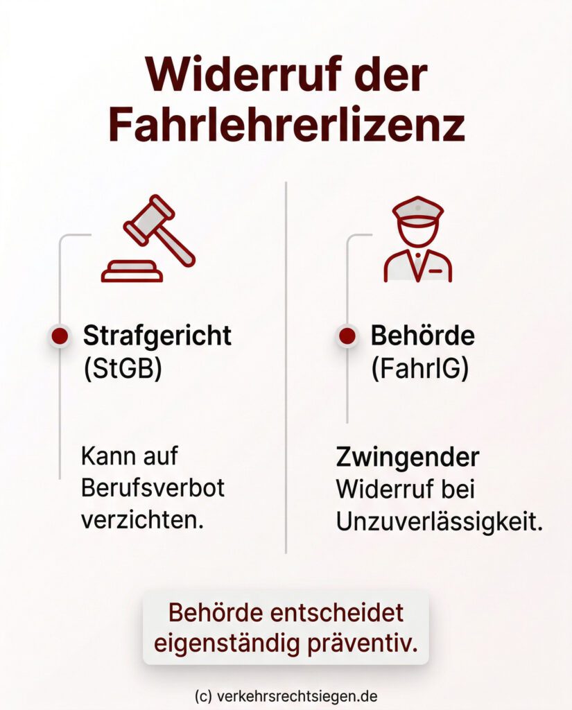 Infografik: Warum die Fahrerlaubnisbehörde die Fahrlehrerlizenz wegen charakterlicher Unzuverlässigkeit entziehen muss, selbst wenn das Strafgericht kein Berufsverbot ausgesprochen hat.