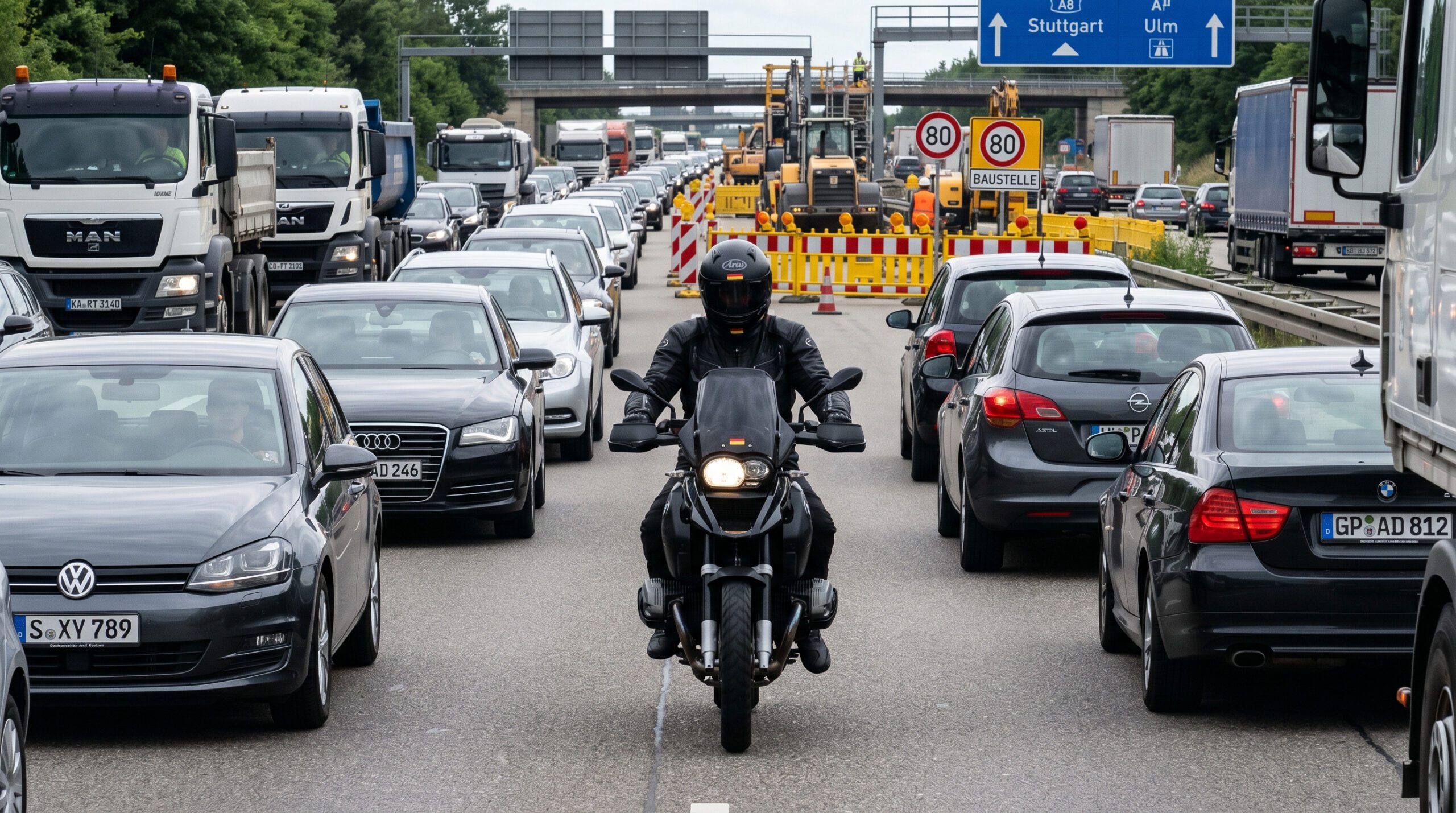 Motorradfahrer fährt durch eine Rettungsgasse zwischen zwei im Stau stehenden Fahrzeugschlangen auf einer Autobahn.