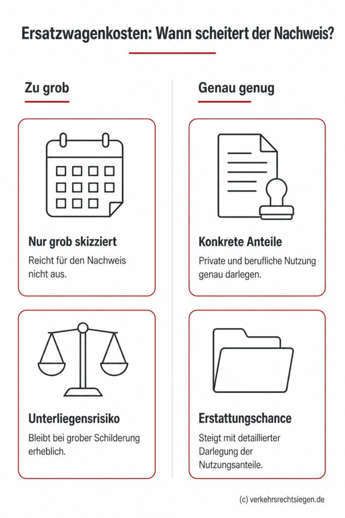 Infografik: Ersatzwagenkosten bei Mischnutzung: Nur eine konkrete und detaillierte Darlegung der privaten und beruflichen Nutzungsanteile führt zu einer Erstattungschance; eine grobe Schilderung reicht nicht aus und birgt erhebliches Unterliegensrisiko.