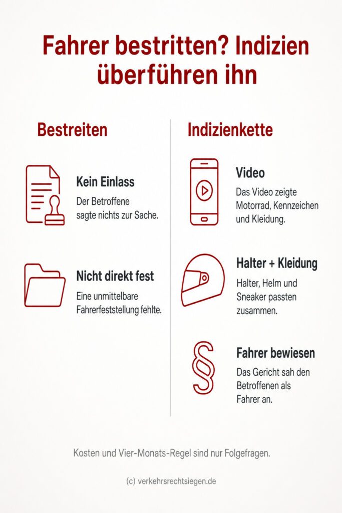 Infografik: Gegenüberstellung von Bestreiten des Fahrers und einer Indizienkette aus Video, Haltereigenschaft und passender Schutzbekleidung, die trotz Schweigens die Fahreridentität beweist.