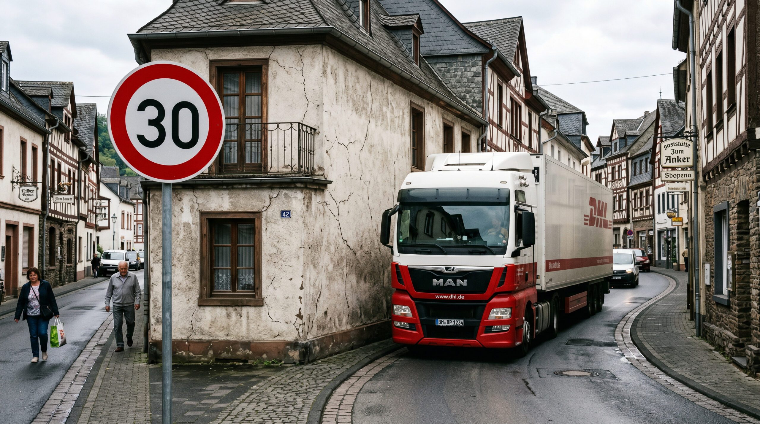 LKW fährt an einem Wohnhaus mit Rissen und einem Tempo-30-Schild an einer engen Bundesstraße vorbei.