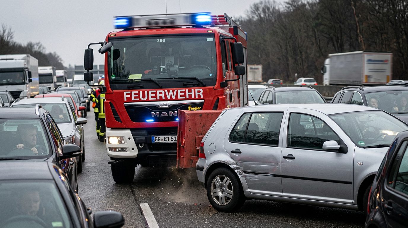 Ein Feuerwehrwagen streift einen silbernen PKW in einer engen Rettungsgasse auf der Autobahn, Kratzspuren sichtbar.