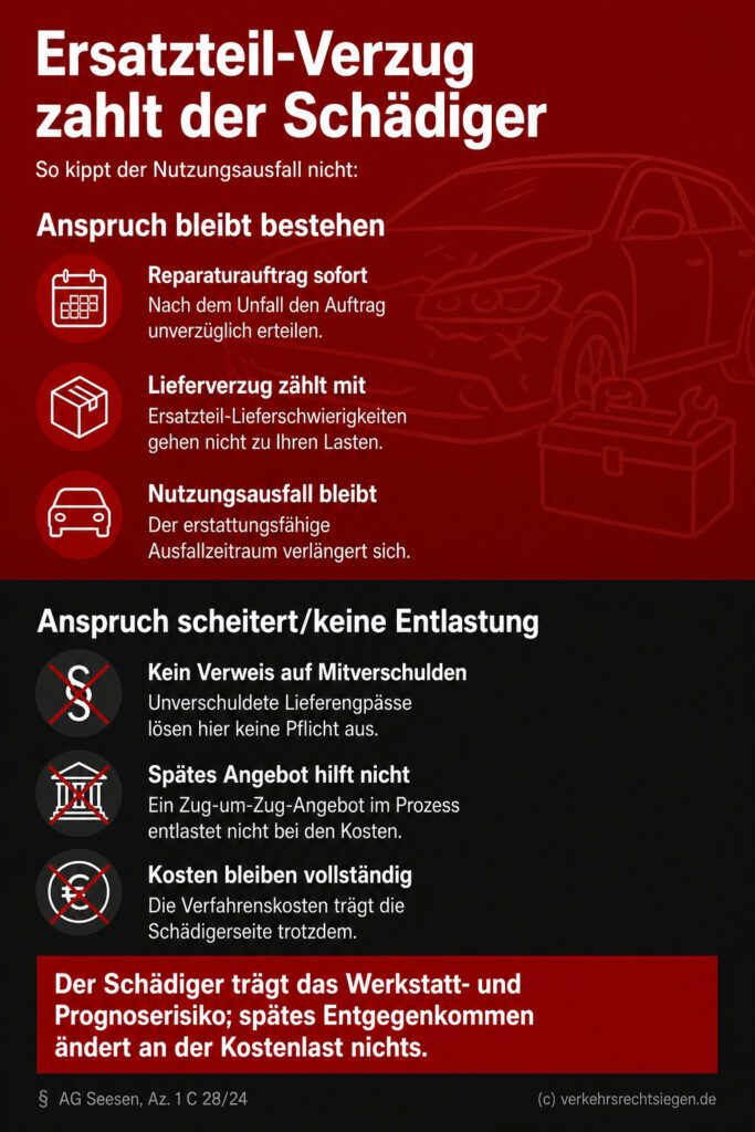 Infografik: Verzögerungen bei der Ersatzteillieferung nach einem Unfall gehen zulasten des Schädigers und verlängern den erstattungsfähigen Nutzungsausfall, sofern der Auftrag unverzüglich erteilt wurde.