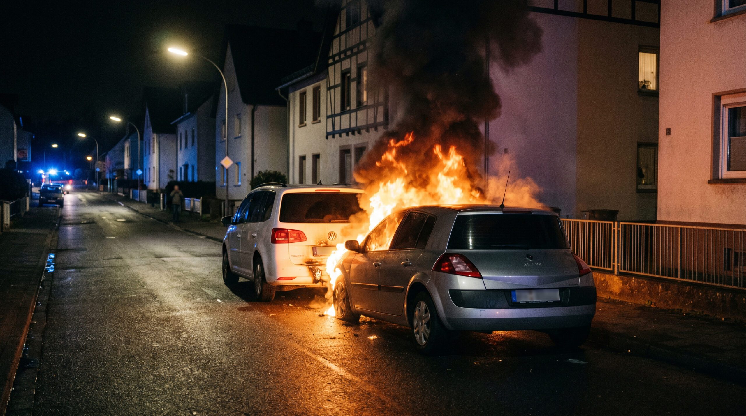 Ein brennender Renault an einer abschüssigen Straße, dessen Feuer auf das Heck eines davor geparkten VW Touran übergreift.