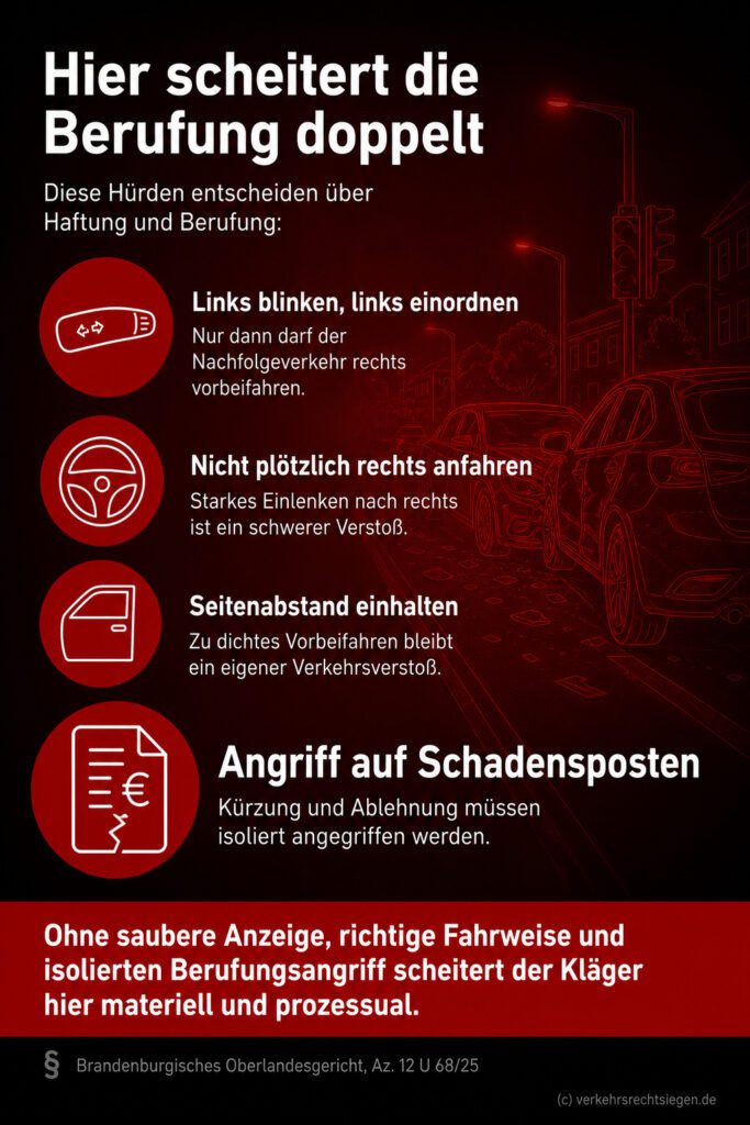 Infografik: Haftungsvoraussetzungen bei Verkehrsunfällen durch plötzliches Rechtsanfahren und die prozessualen Hürden einer Berufung bei der Schadensabwicklung.