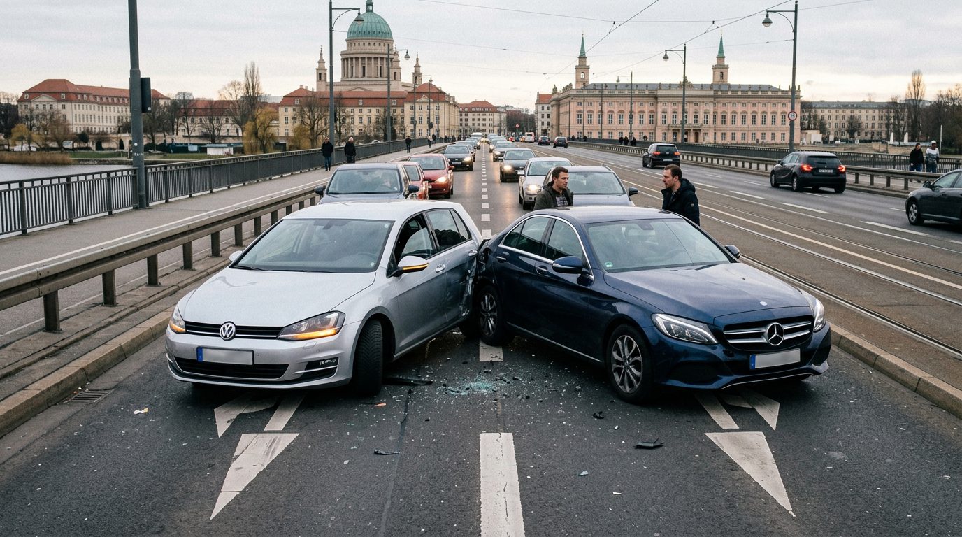 Seitliche Kollision zweier PKW auf einer mehrspurigen Brücke in Potsdam bei Tageslicht.