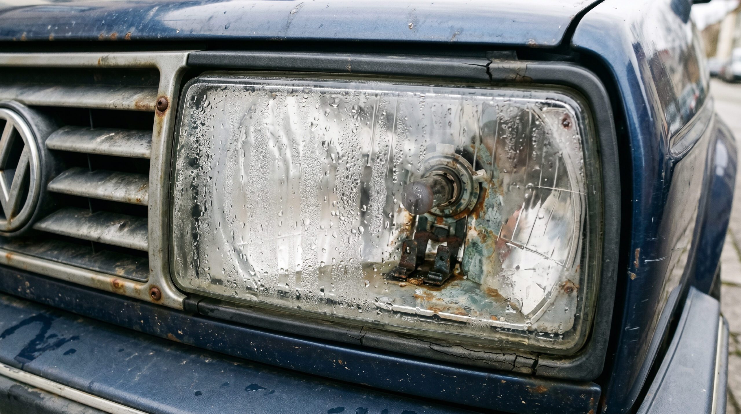 Nahaufnahme eines beschlagenen Autoscheinwerfers mit Wassertropfen und oxidierten Kontakten im Inneren.