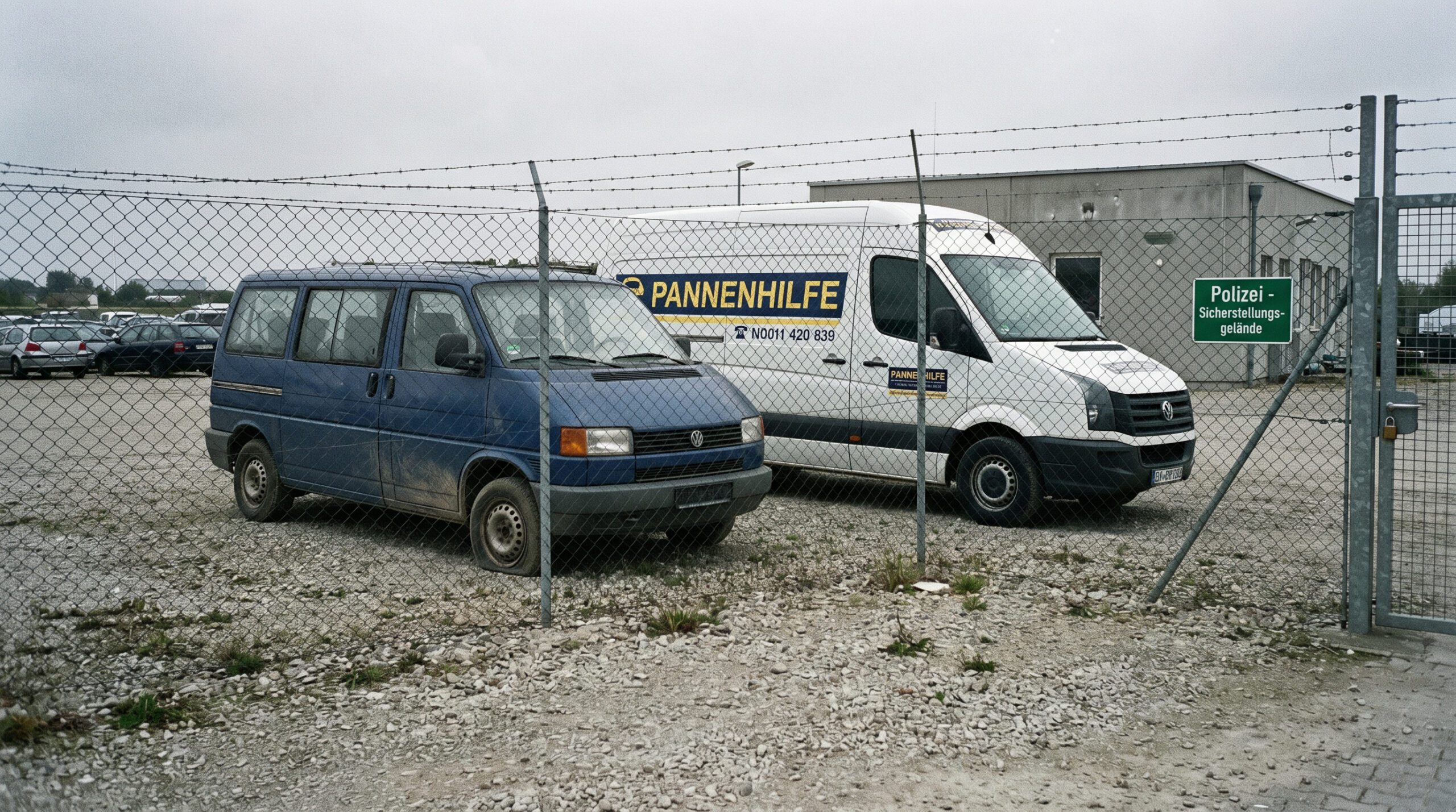 Zwei VW-Busse, einer privat und einer gewerblich, stehen hinter einem hohen Maschendrahtzaun auf einem grauen Verwahrplatz.