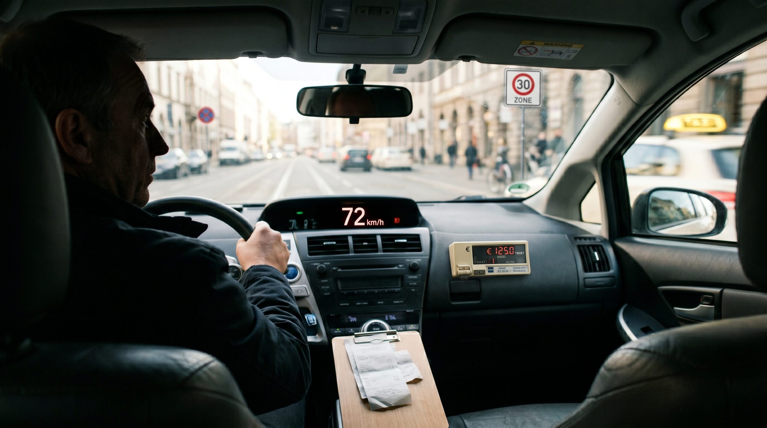 Blick auf eine digitale Geschwindigkeitsanzeige im Taxi, die eine deutliche Überschreitung innerorts anzeigt.