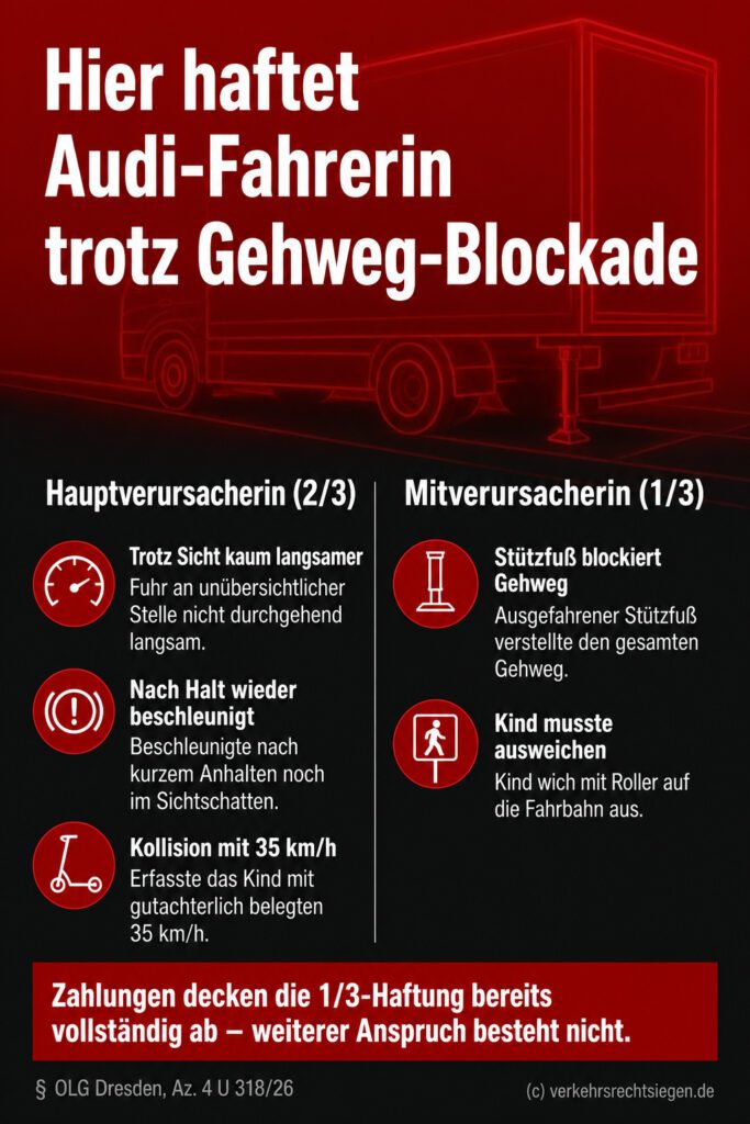 Infografik (Gegenüberstellung): Vergleich der Haftungsanteile von 2/3 zu 1/3 nach Unfall bei Gehwegblockierung.