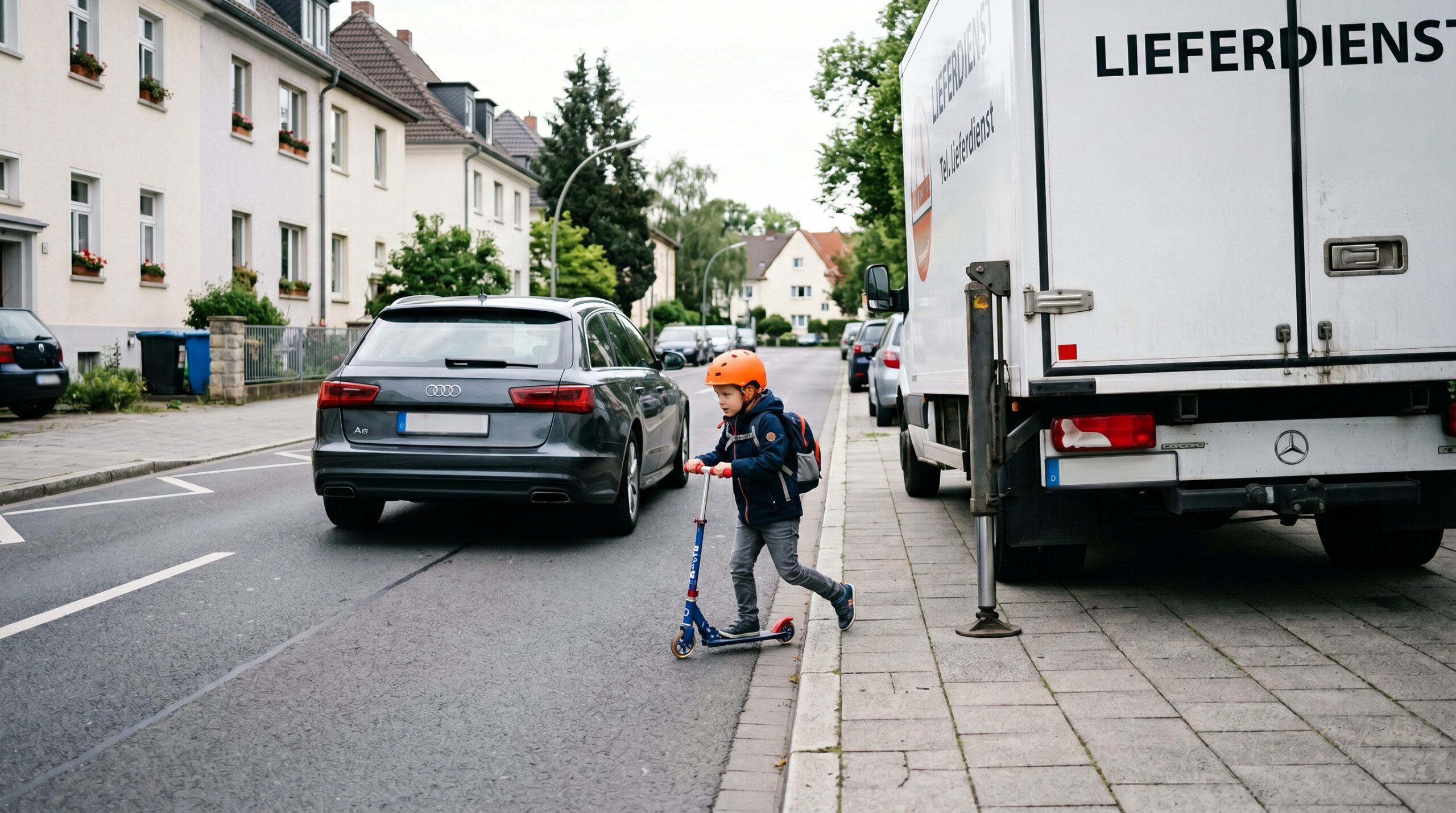 Lkw blockiert Gehweg mit Stütze, Kind auf Roller weicht auf Straße aus, dunkler Audi fährt knapp vorbei.