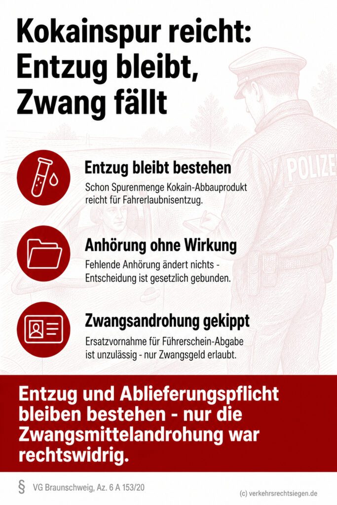 Infografik (Ampel-Übersicht): Kokain-Fahrerlaubnisentzug bleibt gültig, aber Zwangsmittel-Ersatzvornahme ist rechtswidrig.